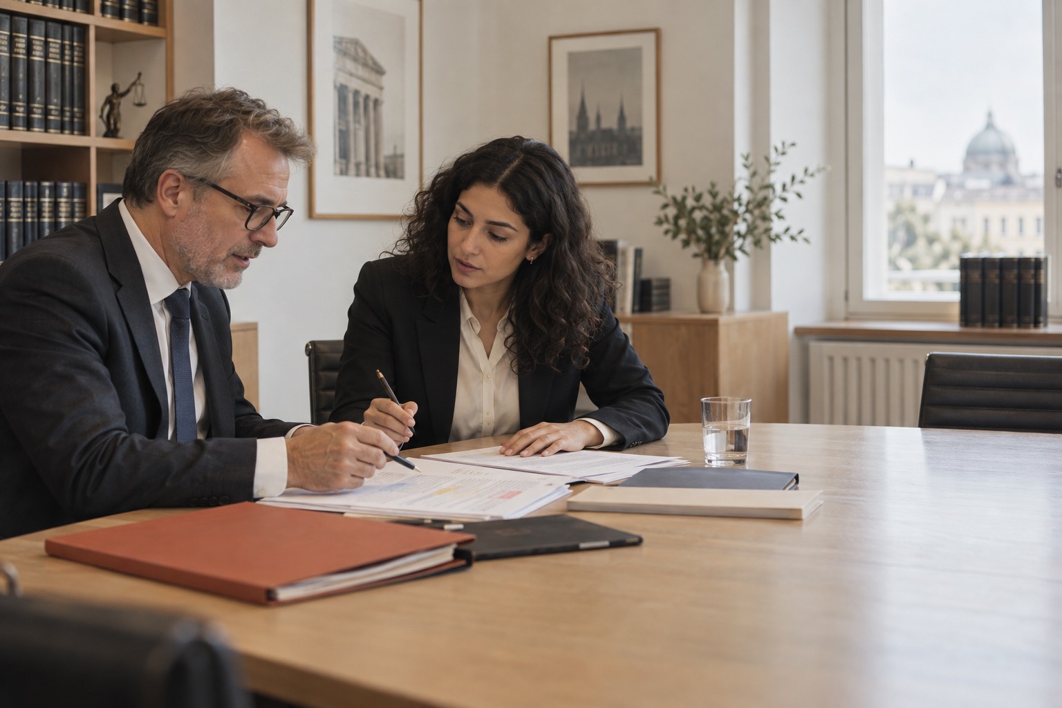Zwei Anwälte, ein älterer Mann und eine jüngere Frau, besprechen einen Vertragsentwurf mit Bleistiftnotizen