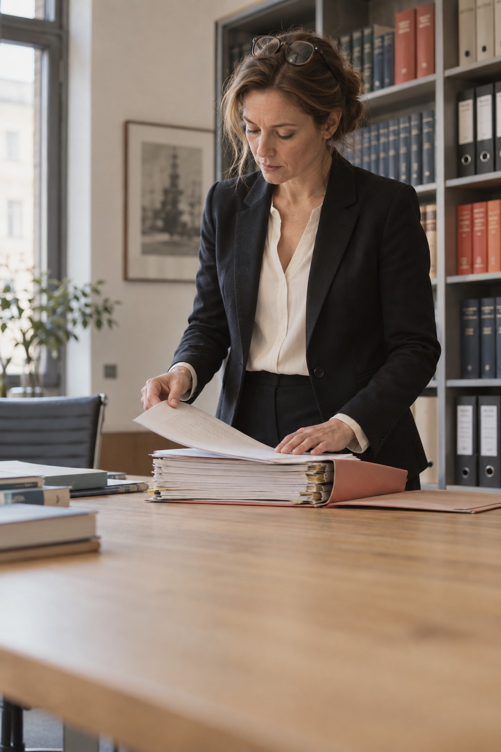 Anwältin am langen Eichentisch liest eine dicke Akte, dahinter Regale mit Ordnern und Gesetzbüchern
