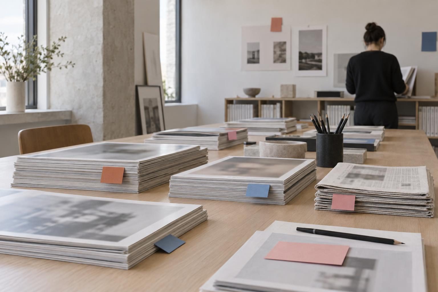 A stack of magazines and specimen copies with colored index cards