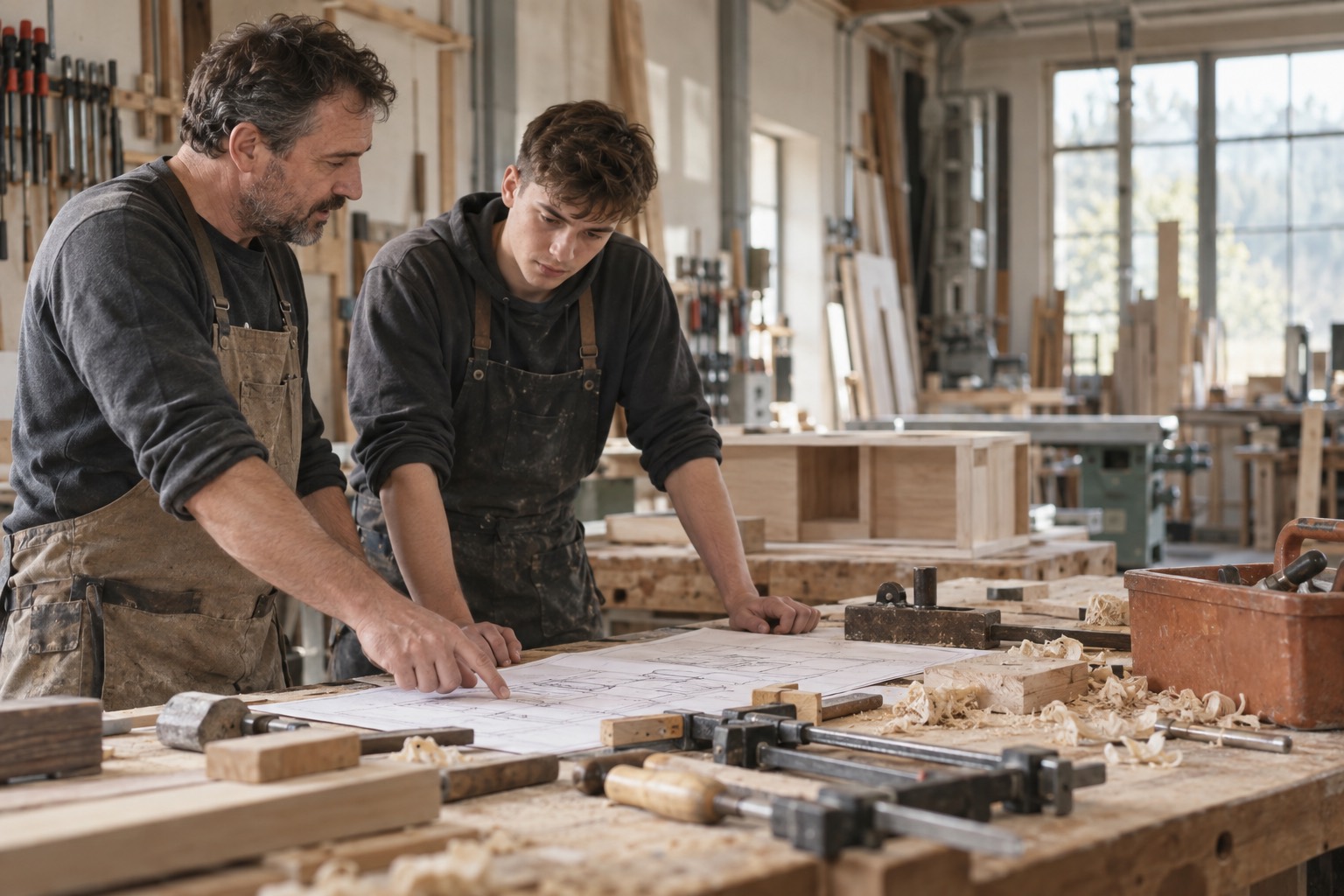 Master woodworker explaining a plan to a young apprentice at a workbench