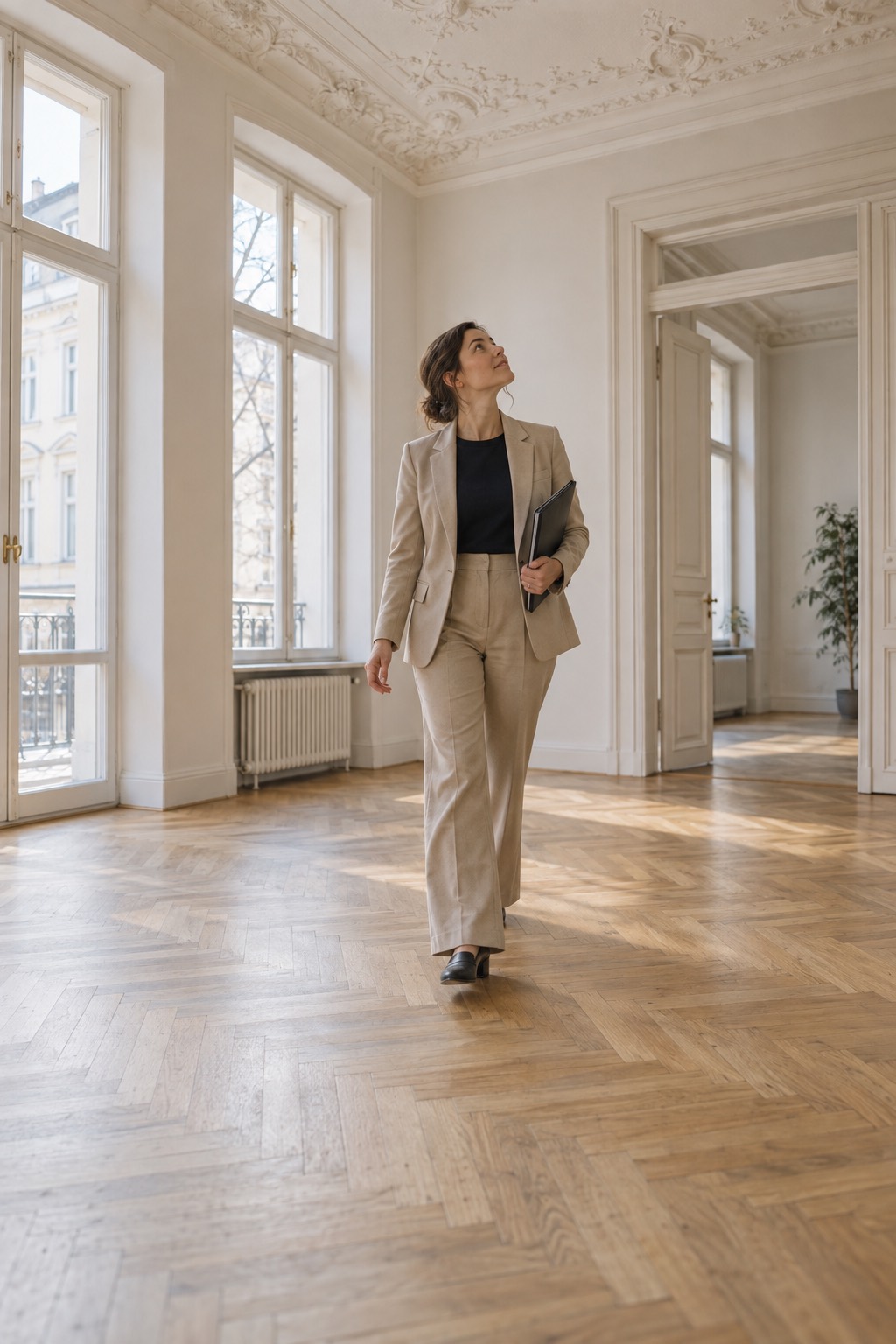 Real estate agent with a folder under her arm walking through an empty, bright prewar apartment with herringbone floors