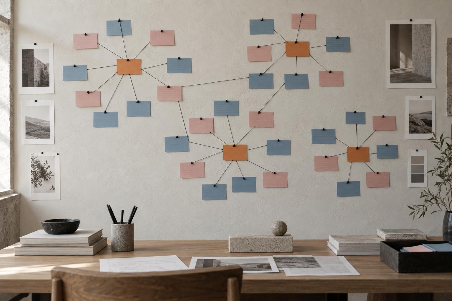 Topic cards on a wall, connected into clusters