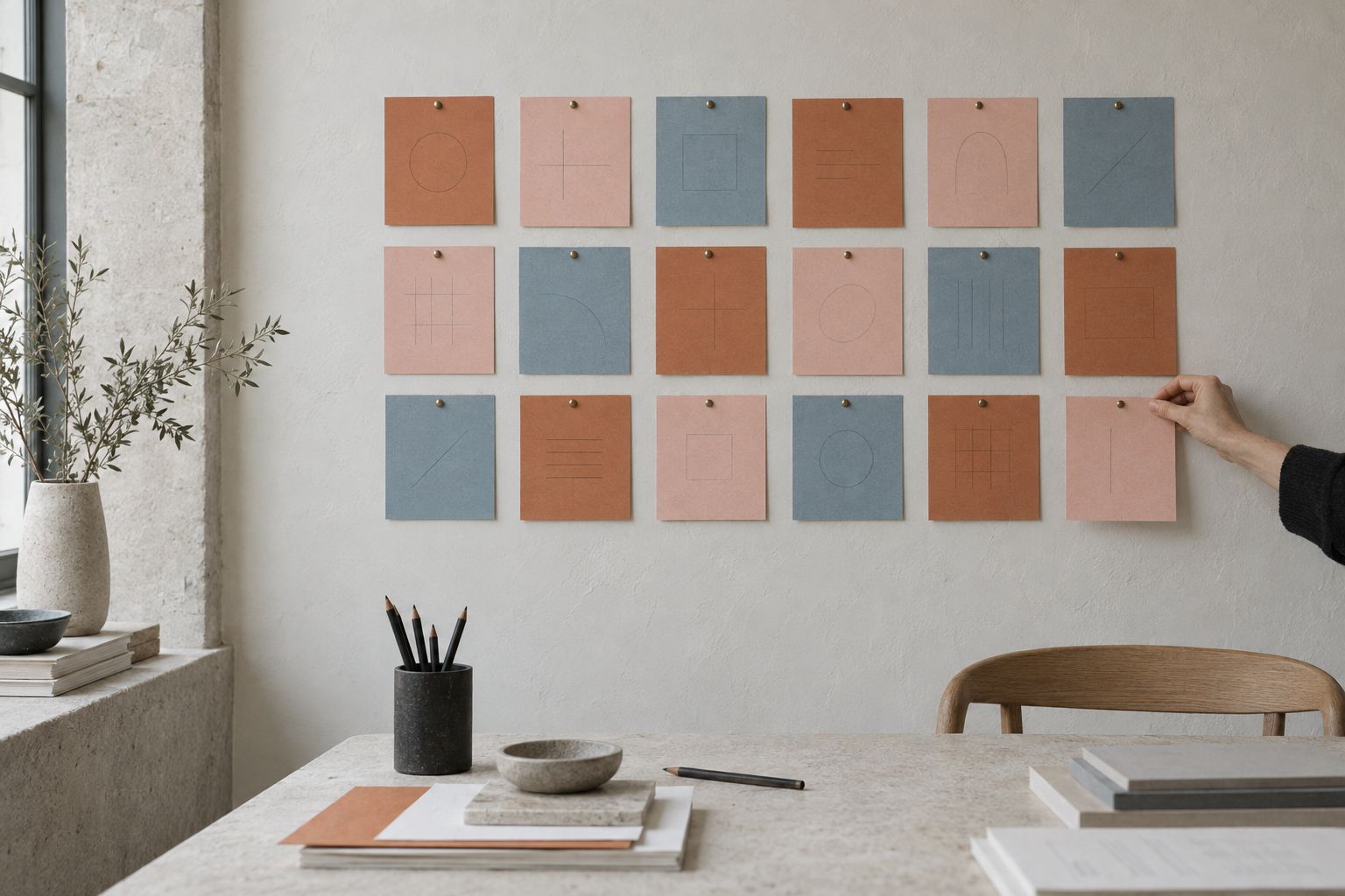 Eighteen index cards in three rows on a wall