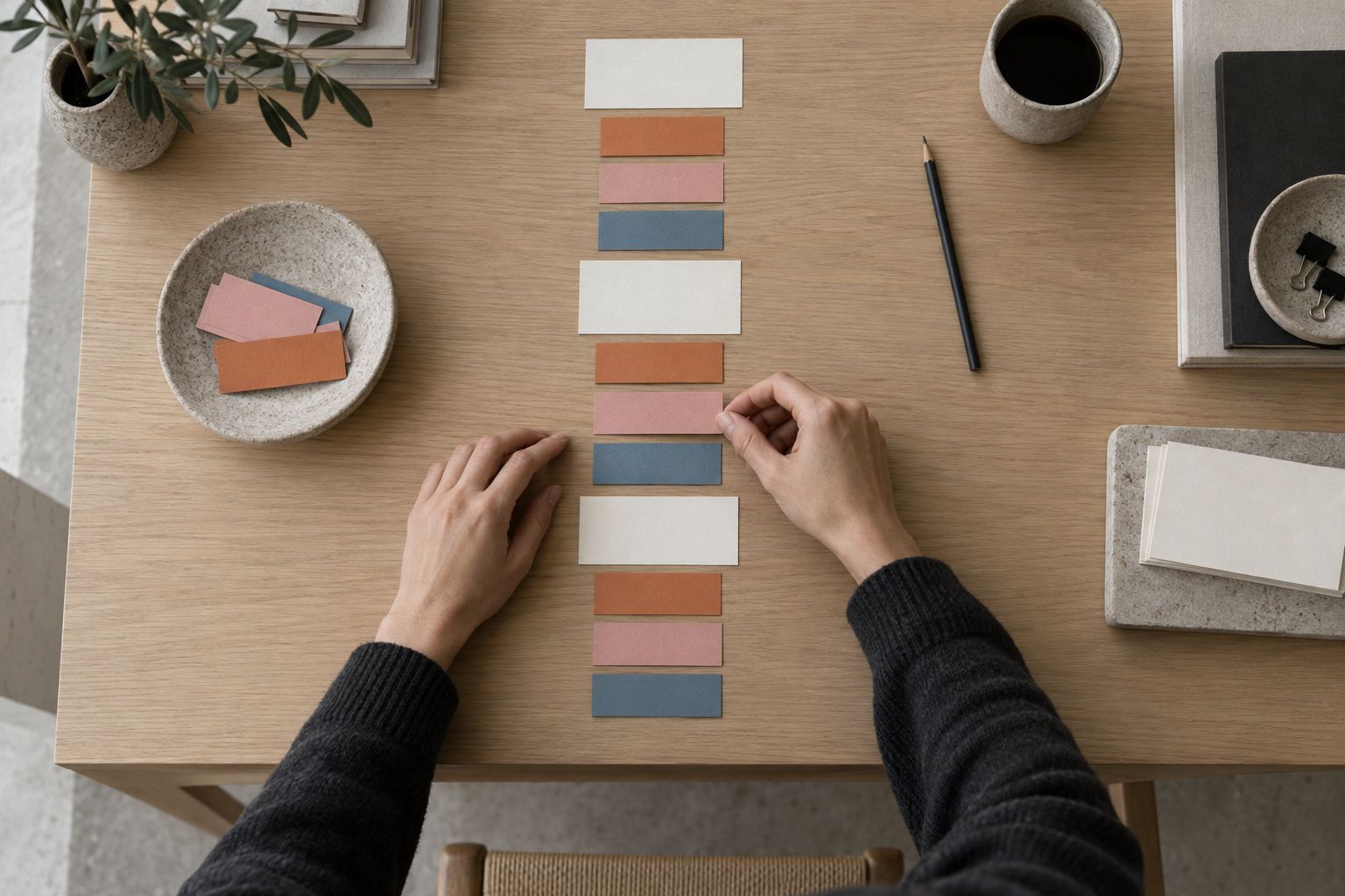 Hands arranging index cards into a neat list