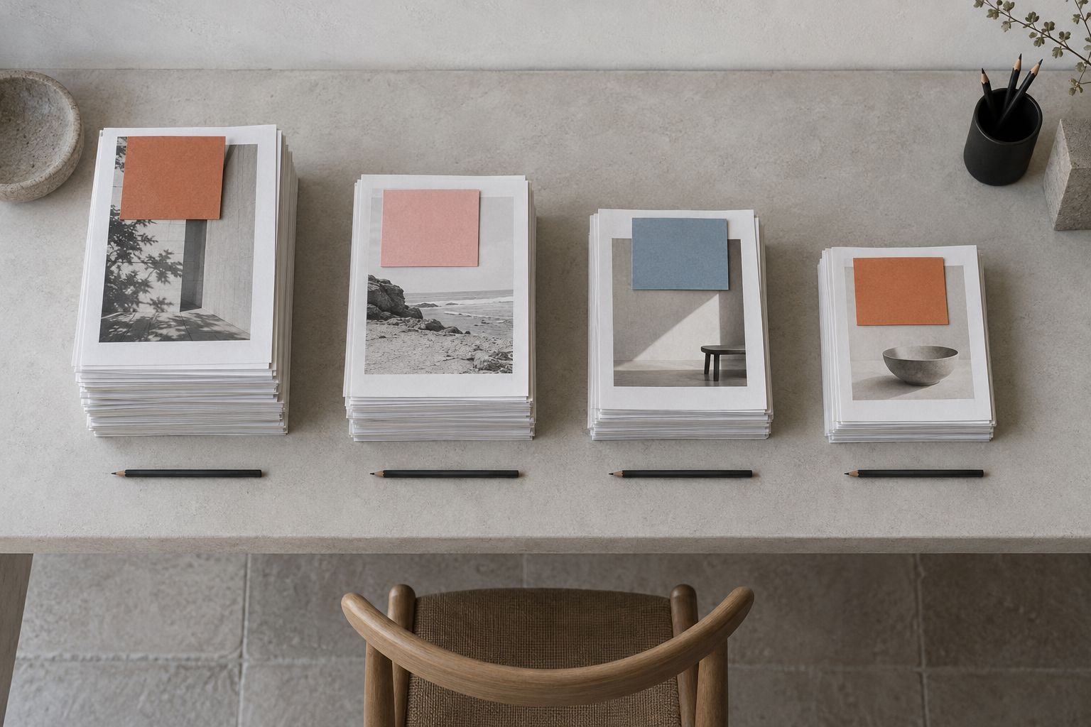 Four stacks of paper proofs side by side