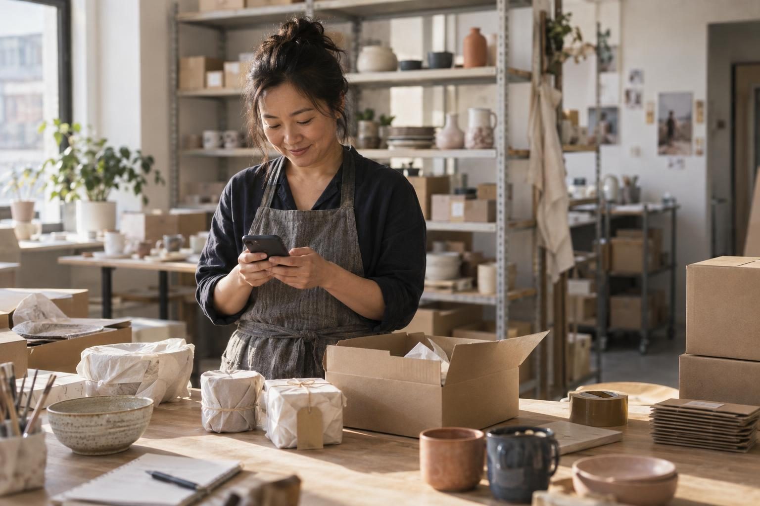 Online store owner smiling at her phone between parcels